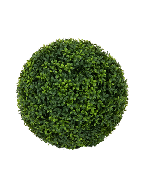 En ovanifrån av den konstgjorda växten Buxus romersk stil UV D40cm, en snyggt beskuren, sfärisk konstgjord buske med täta gröna blad mot en vanlig vit bakgrund.