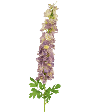Artificiell blomma Delphinium 105 cm lila är en konstgjord stam av ljuslila och krämfärgade delphiniumblommor med gröna blad, mot en vit bakgrund.