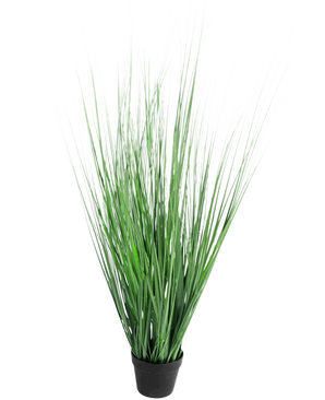 Konstgräsplantan Lök 130 cm brandskyddsmedel är en prydnadsgräsväxt i kruka med långa, smala gröna blad, mot en vanlig vit bakgrund.