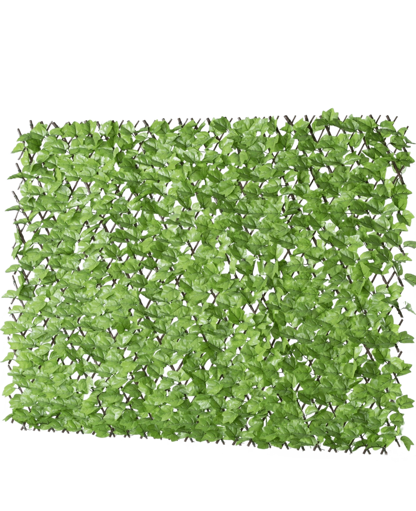 Artificiell Hedge Ivy Extendable 200x100 cm är en rektangulär konstgjord grön lövpanel på ett rutnät, designad för att likna en lummig häck eller insynsskydd, avbildad mot en vit bakgrund.