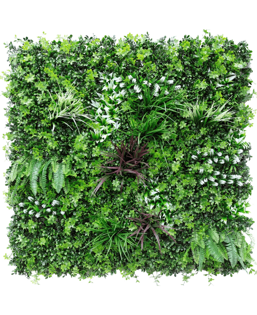 Artificiell Hedge Sillage 100x100 cm UV är en fyrkantig väggpanel med tät konstgjord grönska, med olika ormbunkar och lövväxter för en frodig, livlig vertikal trädgårdseffekt.