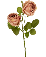Artificial Rose Deluxe 55 cm rosa har två rosa-bruna konstgjorda rosor med gröna blad på en enda stjälk, som bildar en slående kontrast mot en vanlig vit bakgrund.