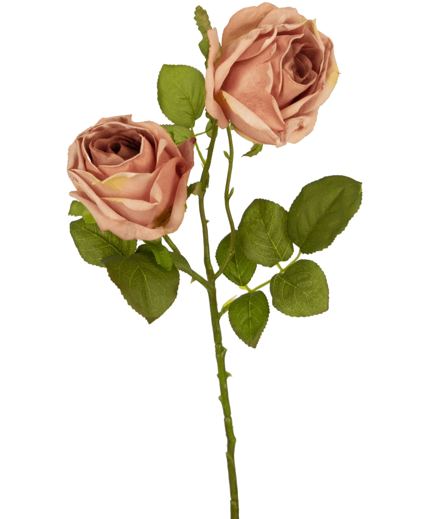 Artificial Rose Deluxe 55 cm rosa har två rosa-bruna konstgjorda rosor med gröna blad på en enda stjälk, som bildar en slående kontrast mot en vanlig vit bakgrund.