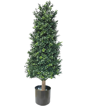 Artificiell växt buxbom Pyramid UV 90 cm har täta gröna blad i en konisk form, i en svart kruka. Med UV-skydd är den perfekt för trädgårdsväxter och behåller sin skönhet mot en vit bakgrund.