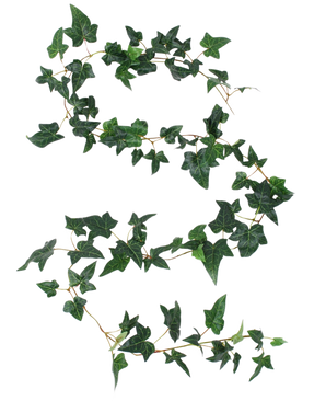 Kunst Boston murgrönakrans grön 180 cm UV har en lång murgrönaranka med gröna, femflikiga blad och tunna stjälkar i en flytande S-form på vit bakgrund.