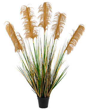 Artificiellt Pampas Grass 120 cm brandskyddsmedel har höga gröna och gula gräsliknande blad med fluffiga bruna plymer. Denna eleganta, brandhämmande konstgjorda växt lägger till sofistikering till alla samlingar av falska växter mot en vit bakgrund.