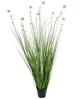 Konstgräs purjolök blomlök gräskruka 120 cm brandskyddsmedel har långa gröna gräsliknande löv och långa stjälkar med ljuslila blomklasar, perfekt för att lägga till naturtrogen grönska till alla utrymmen.