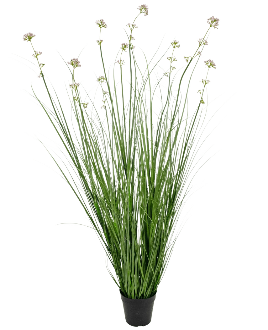 Konstgräs purjolök blomlök gräskruka 120 cm brandskyddsmedel har långa gröna gräsliknande löv och långa stjälkar med ljuslila blomklasar, perfekt för att lägga till naturtrogen grönska till alla utrymmen.