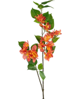 De Kunsttak Bougainvillea 81 cm perzik heeft een enkele steel met trossen perzikoranje en gele bloemen, aangevuld met groene bladeren, tegen een witte achtergrond.