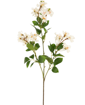 Konstgjorda blomman Lagerstroemia 92 cm vit har en hög stjälk med klasar av små vita blommor och gröna blad, perfekt för att tillföra varaktig skönhet till alla utrymmen. Idealisk som en slående konstgjord växt mot en vanlig vit bakgrund.