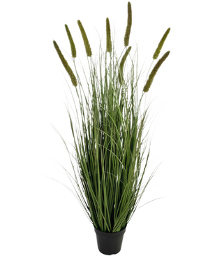 Konstgräs Cattail Onion Grass Pot 120 cm brandskyddsmedel är ett prydnadsgräs i en kruka med långa, tunna gröna blad och flera höga, upprättstående fröhuvuden, mot en vanlig vit bakgrund.