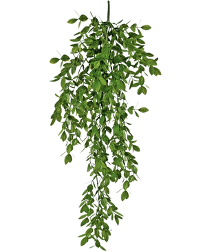 Den konstgjorda hängande växten Jasmin 70 cm har täta klasar av små gröna blad som faller ner naturligt och skapar en frodig, draperande effekt mot en vit bakgrund.
