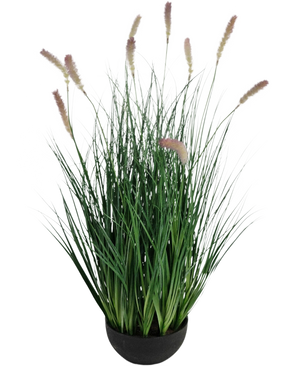 Artificiellt gräs Caterpillar Onion Grass Bonsai är en 70 cm hög, brandhämmande konstgräsplanta med smala gröna blad och ljusbruna blompiggar i en rund svart kruka, perfekt för en stilfull inredning.