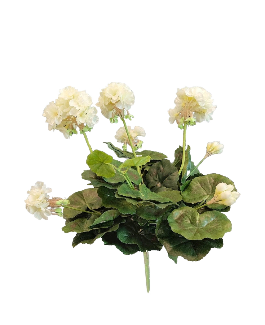 Artificiell Pelargon 40 cm vit har verklighetstrogna vita blommor och frodiga gröna blad - perfekt för att lägga tidlös elegans till din konstgjorda växt eller konstgjorda blomsamling.