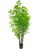 Den konstgjorda fiskstjärtspalmen 210 cm är en hög konstgjord växt i en kruka med flera bruna stjälkar och frodiga gröna blad, presenterad i en liten svart kruka mot en vit bakgrund.