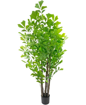 Den konstgjorda fiskstjärtspalmen 210 cm är en hög konstgjord växt i en kruka med flera bruna stjälkar och frodiga gröna blad, presenterad i en liten svart kruka mot en vit bakgrund.