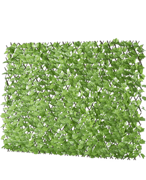 Artificiell Hedge Ivy Extendable 200x100 cm är en rektangulär konstgjord grön lövpanel på ett rutnät, designad för att likna en lummig häck eller insynsskydd, avbildad mot en vit bakgrund.