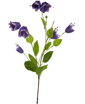 Artificiell blomfritillary 81 cm lila har en enda stjälk med flera gröna blad och lila klockformade blommor, avbildade mot en vit bakgrund.
