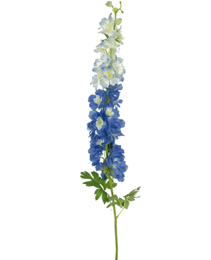De Kunstbloem Delphinium 105 cm blauw heeft een enkele lange steel met blauw-witte bloemen en groene bladeren, tegen een effen witte achtergrond.