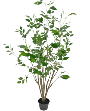 De Kunstplant Ficus 120 cm is een hoge kunstplant met meerdere dunne bruine stengels en weelderige groene bladeren, afgebeeld in een pot tegen een witte achtergrond.