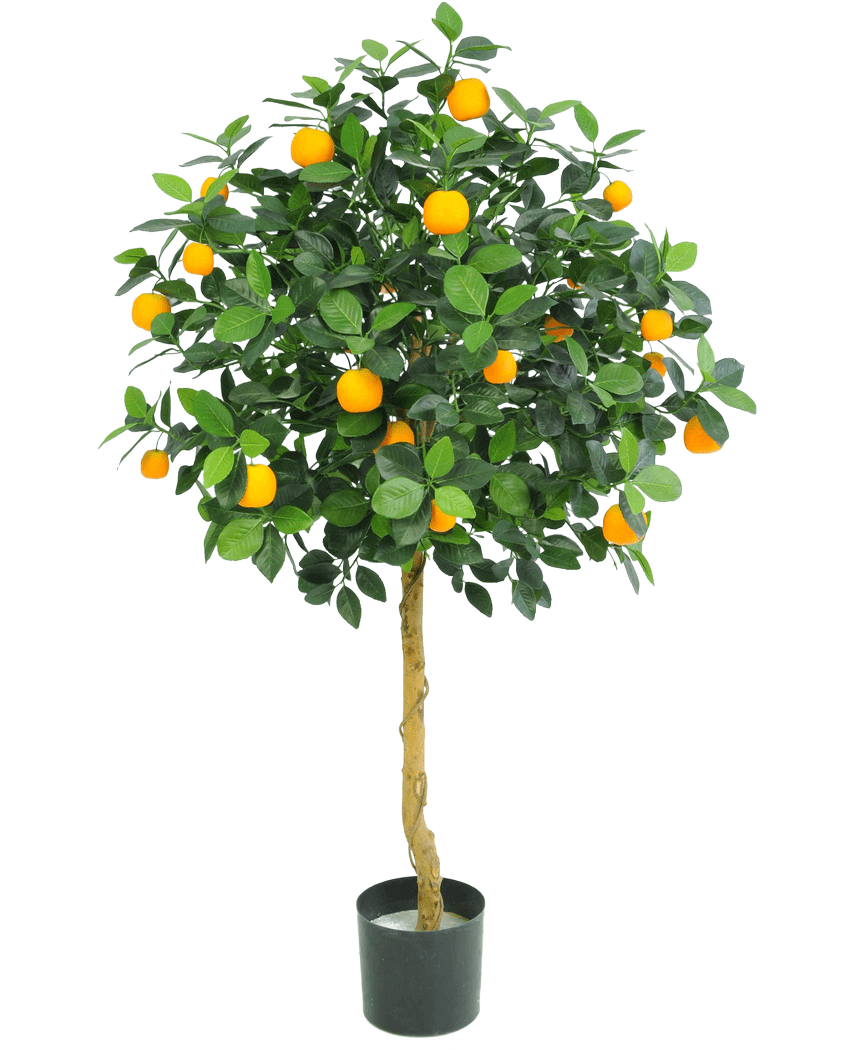 Det konstgjorda apelsinträdet 120 cm från Easyplants har frodiga gröna blad och massor av ljusa orange frukter, som visas i en kruka mot en vanlig vit bakgrund.