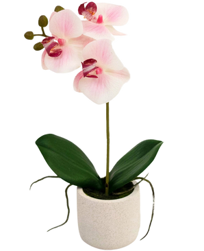 Artificiell orkidé Real Touch 30 cm rosa/vit har tre ljusrosa blommor och gröna blad i en enkel vit kruka, perfekt för att lysa upp alla rum.