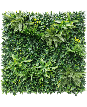 De Kunsthaag Volta 100x100 cm UV is een vierkante groene wand met dicht kunstloof, met verschillende bladplanten zoals varens en kleine gele bloemen, gerangschikt op een weelderige achtergrond.