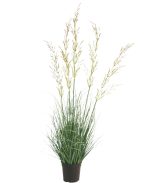 Konstgräsväxten Wheat 90 cm brandskyddsmedel, med sina smala gröna blad och långa gulaktiga blompiggar, sticker ut vackert mot en vit bakgrund - perfekt bland konstgjorda växter för hemmet och trädgården.