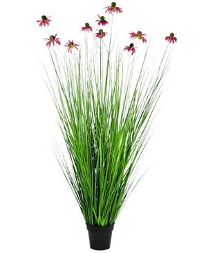De Kunst Grasplant Chrysant 150 cm brandvertragend heeft lange, dunne groene grasachtige bladeren en lange stelen met roze margrietachtige bloemen, gepresenteerd in een pot tegen een effen witte achtergrond.