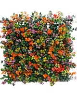 De Kunsthaag Pachysandra multi-color 50x50 cm UV is een vierkant paneel met dichte kunstgroene bladeren en kleine oranje, roze, gele en paarse bloemen voor een kleurrijk, levendig verticaal tuineffect.