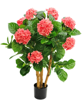 De Kunstplant Hortensia UV 85 cm roze heeft meerdere stelen, brede groene bladeren en roze hortensiabloemen in een zwarte pot, wat zorgt voor een levendig contrast en een levensechte weergave.