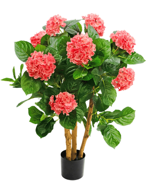 Artificiell Hortensia UV 85 cm rosa har flera stjälkar, breda gröna blad och rosa hortensiablommor i en svart kruka, vilket ger en livlig kontrast och ett naturtroget utseende.