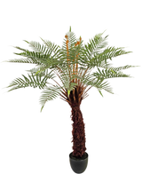 Den konstgjorda växten Dicksonia 127 cm är en hög ormbunke i kruka med en brun strukturerad stam och långa, böjda gröna blad mot en vit bakgrund.