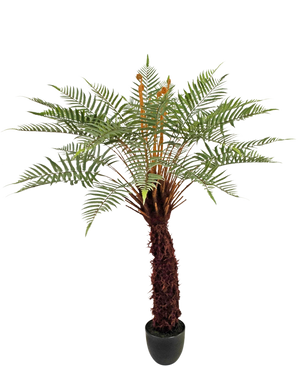 Den konstgjorda växten Dicksonia 127 cm är en hög ormbunke i kruka med en brun strukturerad stam och långa, böjda gröna blad mot en vit bakgrund.