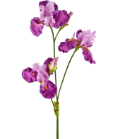 Den konstgjorda blomma Iris 102 cm lila har en lång grön stjälk dekorerad med flera livfulla lila och vita irisblommor, var och en med volanger på kronbladen och gula accenter, mot en vanlig vit bakgrund.