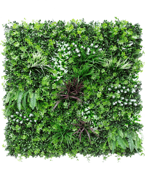 Artificiell Hedge Sillage 100x100 cm UV är en fyrkantig väggpanel med tät konstgjord grönska, med olika ormbunkar och lövväxter för en frodig, livlig vertikal trädgårdseffekt.