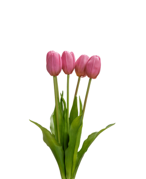 Het Kunsttulpenboeket Real Touch Paars 40 cm heeft vier paarse tulpen met realistische groene bladeren en stelen, die rechtop staan tegen een effen witte achtergrond.