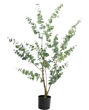Den konstgjorda växten Eucalyptus 150 cm är en hög konstgjord eukalyptus i kruka med långa, smala grenar och runda, silvergröna blad, mot en vanlig vit bakgrund.