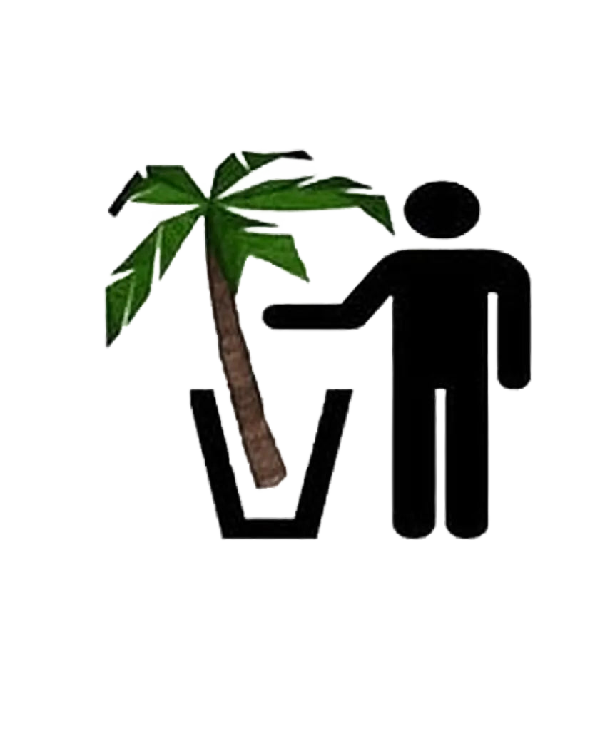 En förenklad svart figur kastar bort en palm, som representerar skador på miljön - en lämplig bild för "Kruktning, montering, toppning och modellering på plats.