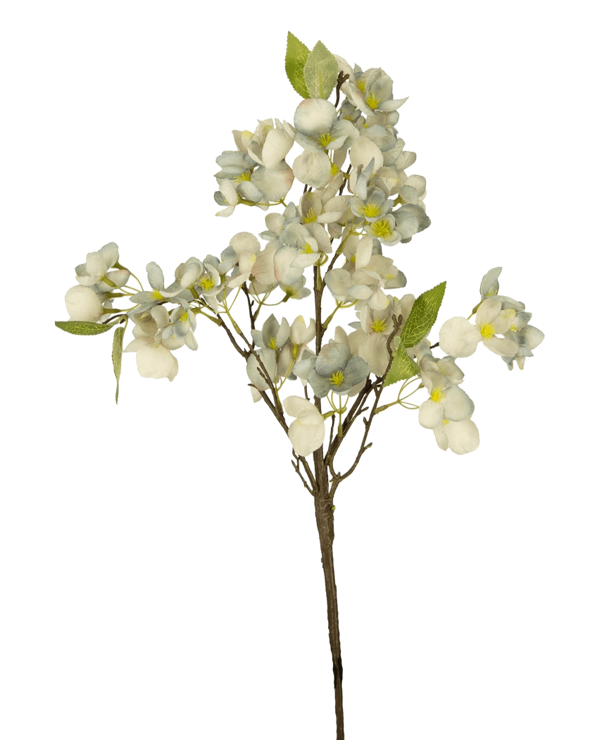 Den konstgjorda blomman 64 cm blå är en enda konstgjord blomgren med flera stjälkar med klasar av små blå blommor och gröna blad mot en vanlig vit bakgrund.