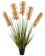 Artificiellt Pampas Grass 120 cm brandskyddsmedel har höga gröna och gula gräsliknande blad med fluffiga bruna plymer. Denna eleganta, brandhämmande konstgjorda växt tillför sofistikering till alla samlingar av falska växter mot en vit bakgrund.
