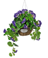 Artificiell Begonia lila i korg UV 70cm är en hängande flätad korg med gröna blad och livfulla lila blommor, upphängd i en silverkedja och försedd med en liten metalletikett med texten "Blommor.